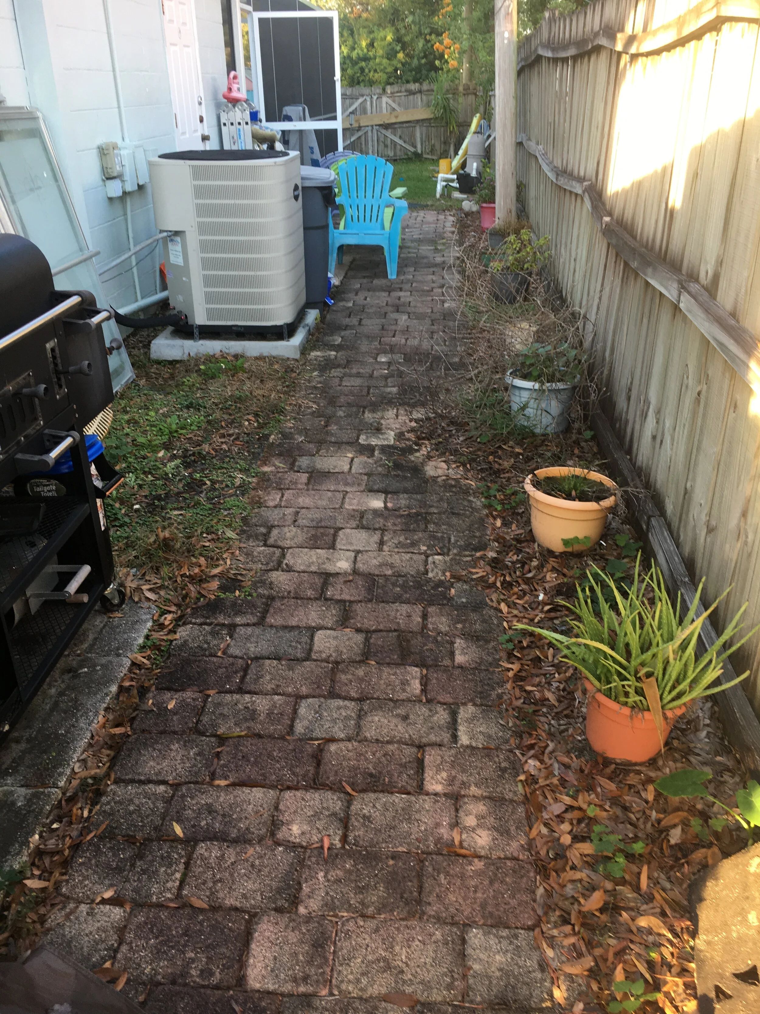 Paver walkway dark with grime and leaves before cleaning