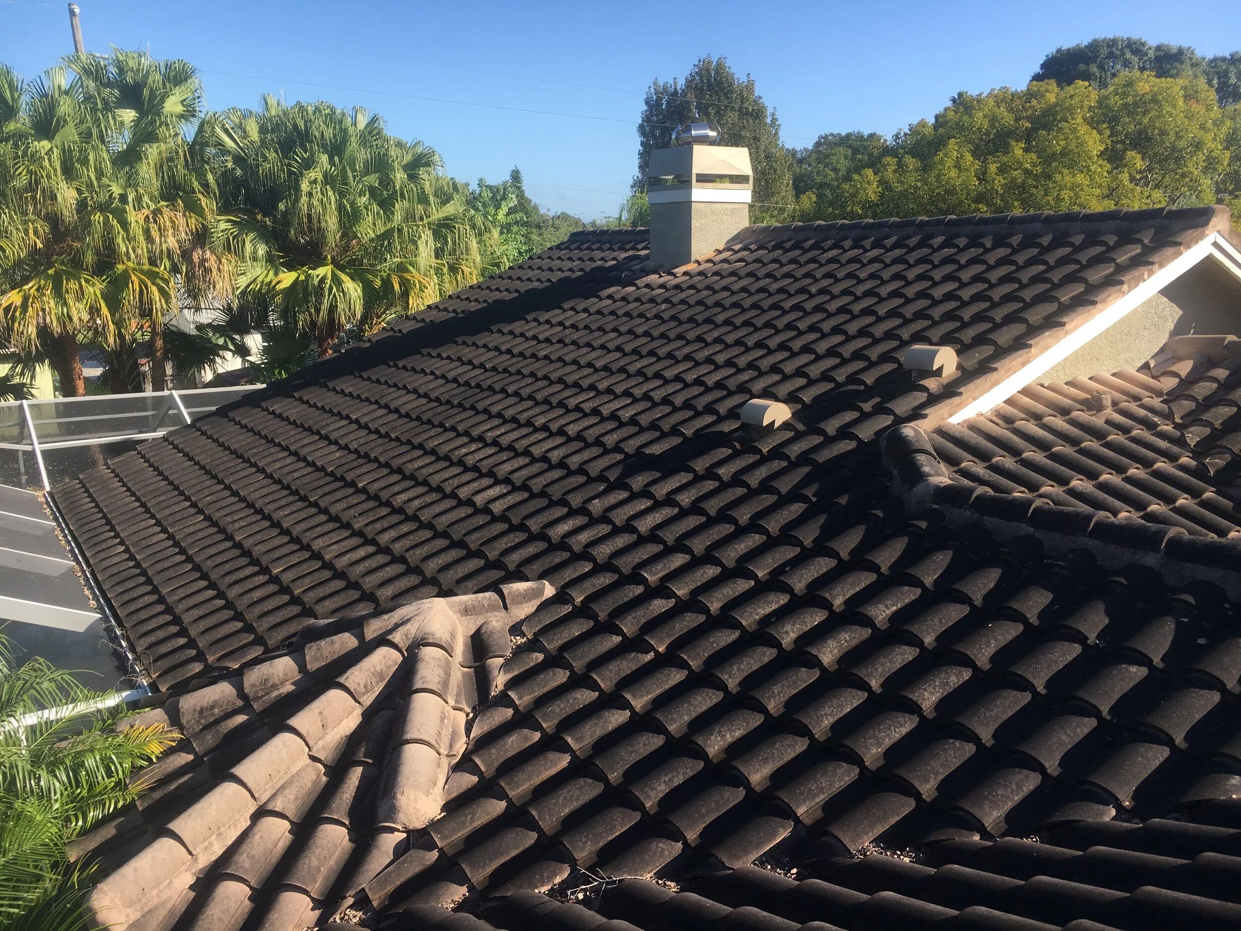 Barrel tile roof blackened by algae before soft wash cleaning in Safety Harbor